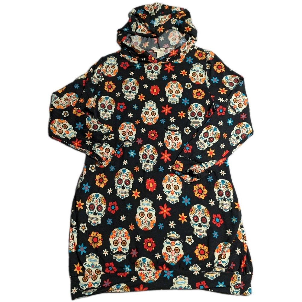 Shosho Womens XL Sugar Skull Hoodie Dress Black Floral Day of the Dead